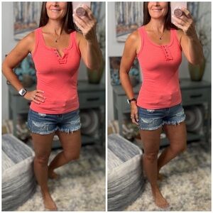 Ribbed Henley Button Low Cut Boy Beater Cleavage Fitted Tank Top Neon Coral 0323